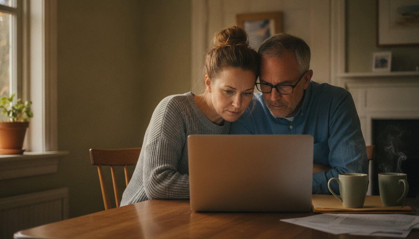 A couple at their kitchen table reading a parent's visit summary together on a laptop.