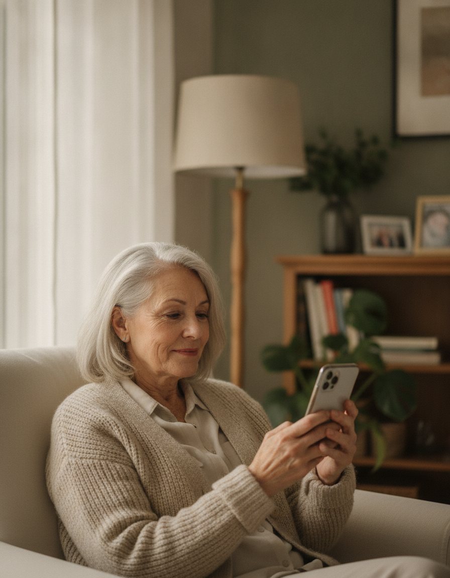 An older adult at home reading their visit recap on the Lenaya Health app.