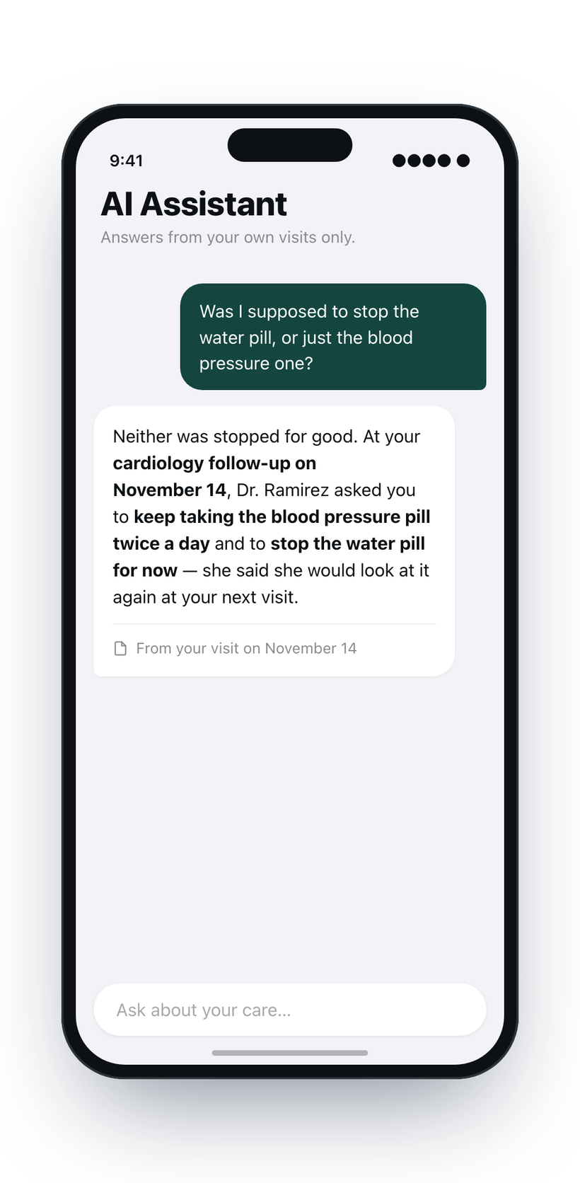 The Lenaya AI Care Assistant answering a question about a past visit.