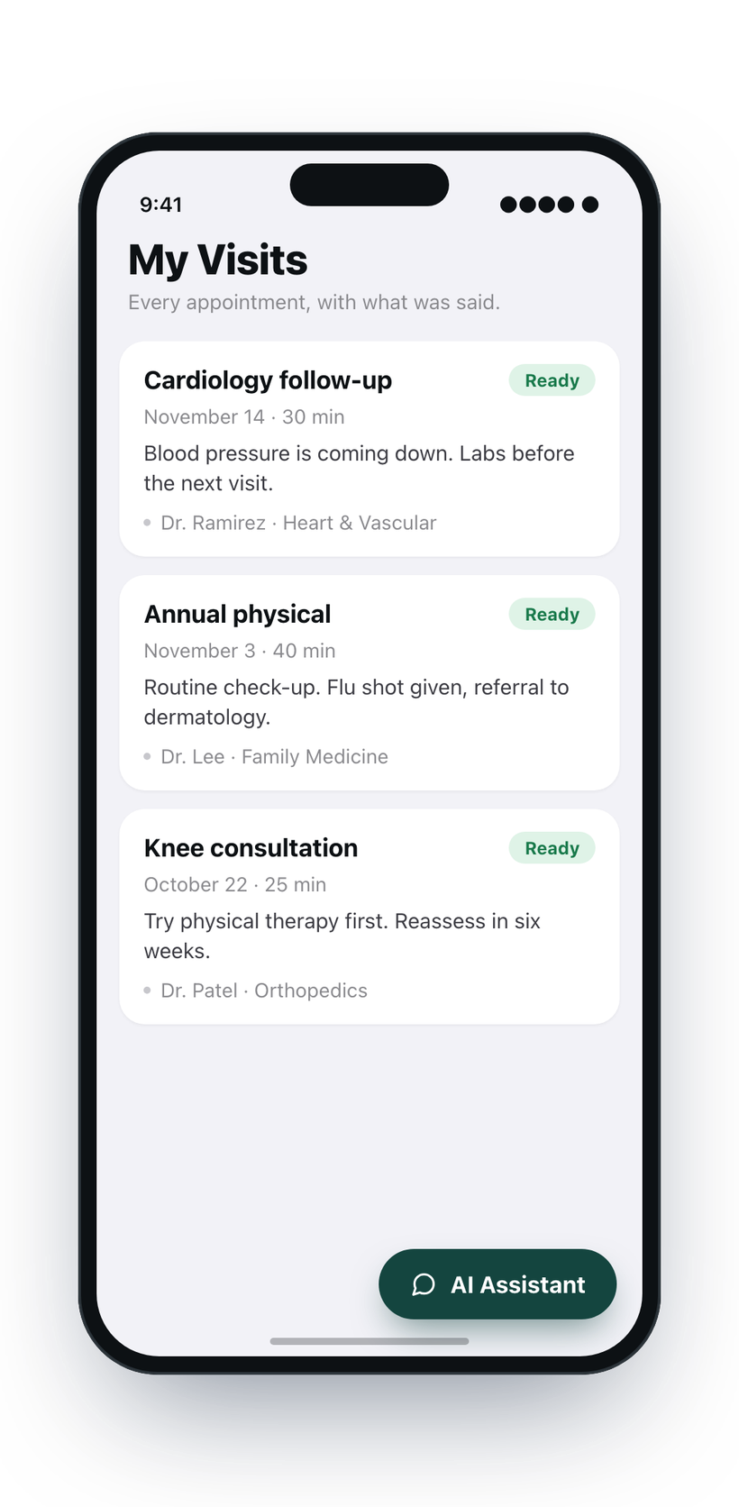 The Lenaya visit list on iPhone, showing recent appointments.