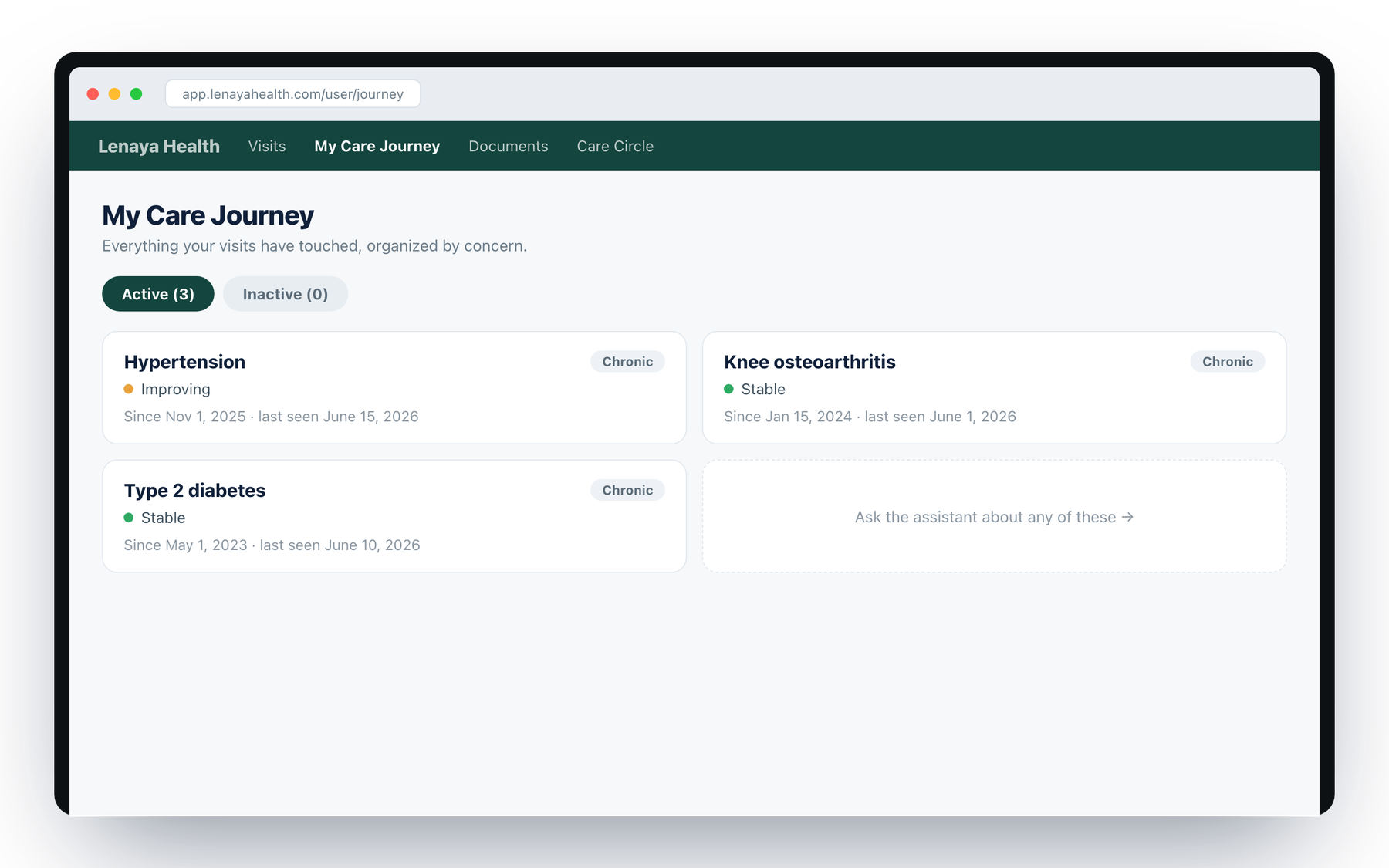 The Lenaya web app showing a patient's visits on a laptop screen.